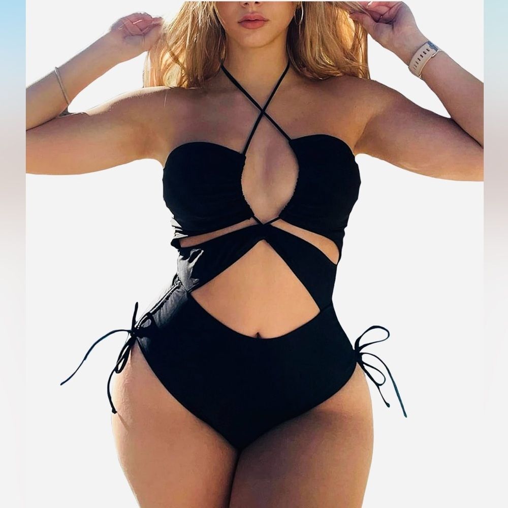 Women's Cut Out Crisscross Drawstring Tie Side Halter One Piece Swimsuit S